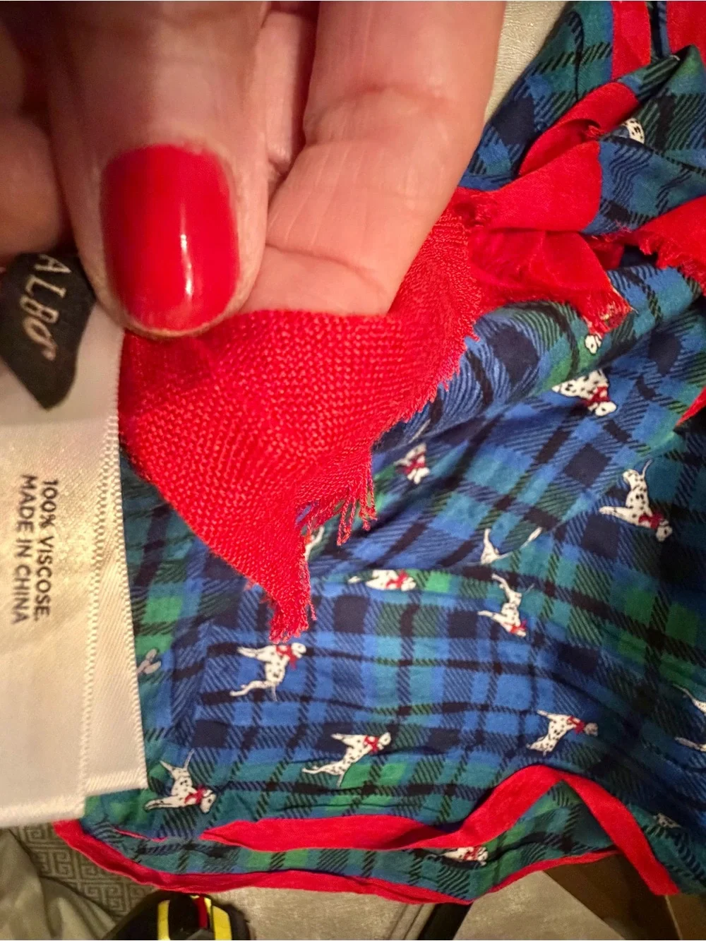 NEW Talbots Blue & Green Tartan Dalmatian Dog-Print Pet Scarf 72”z12” Red Trim